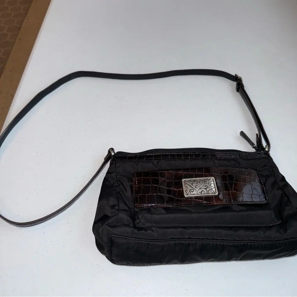 Brighton‎ Black Nylon Croc Embossed Leather Crossbody Bag F174135 Brown Trim